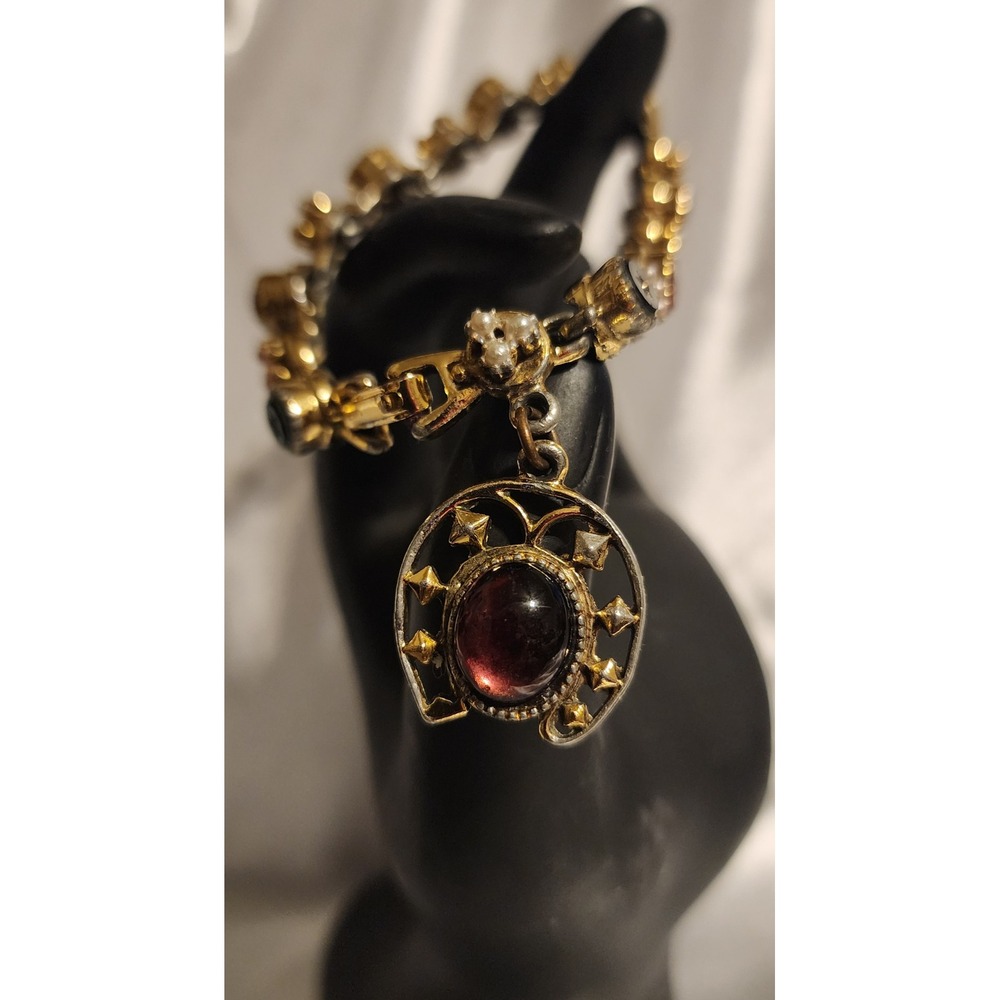 VTG Art Pepper  Gold Tone Horseshoe Charm Bracelet Faux Pearl Cabochon READ